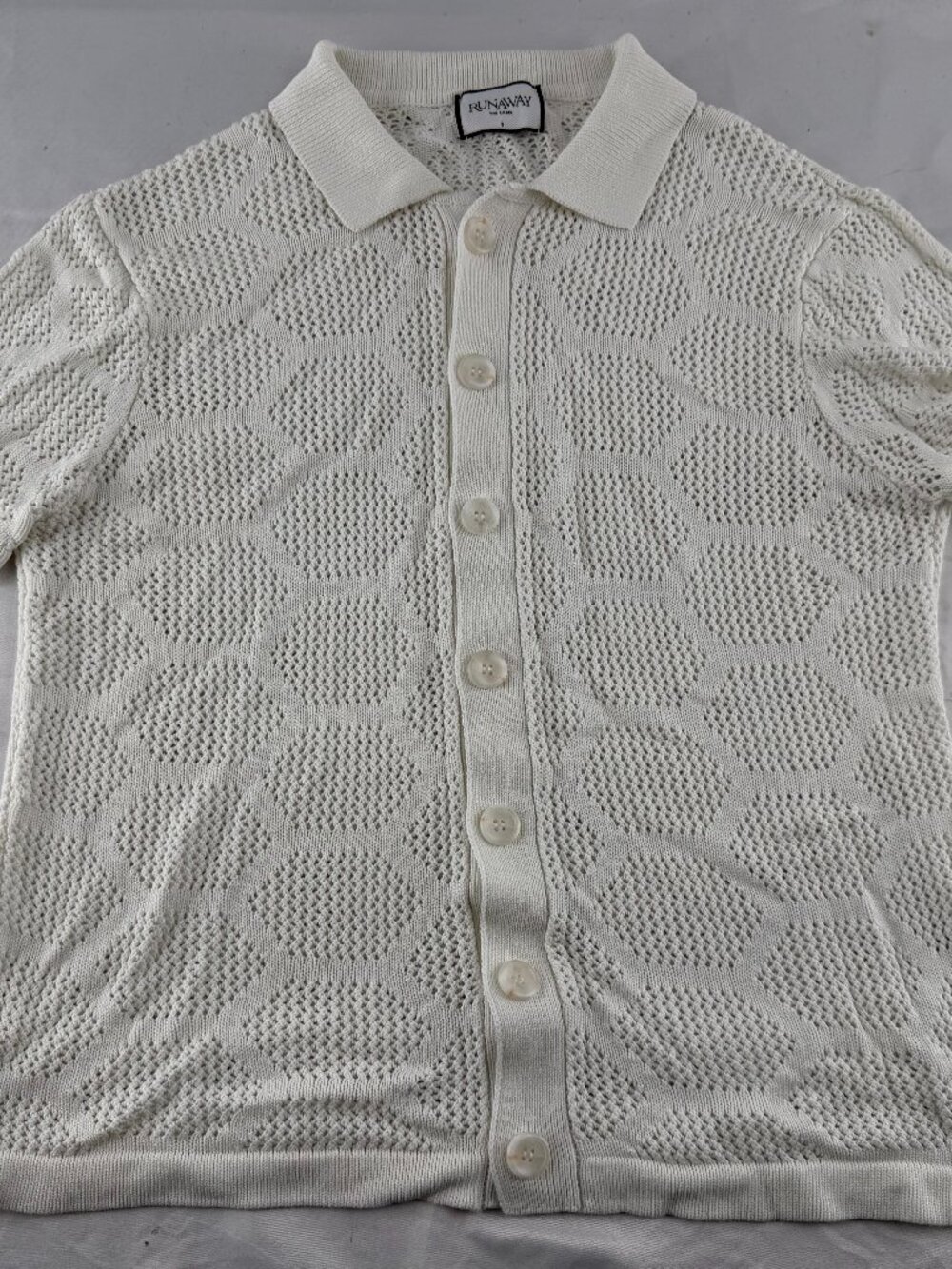 Runaway The Label White Knit Crochet Button Up Polo Shirt Short Sleeve Size S